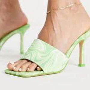 Public Desire Swirl It Heeled Mule Sandals in Green Swirl Print/7 US